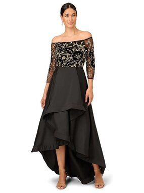 Adrianna Papell Black Hi-lo Skirt 3/4 Sleeve Formal Gown Dress 2 NWT